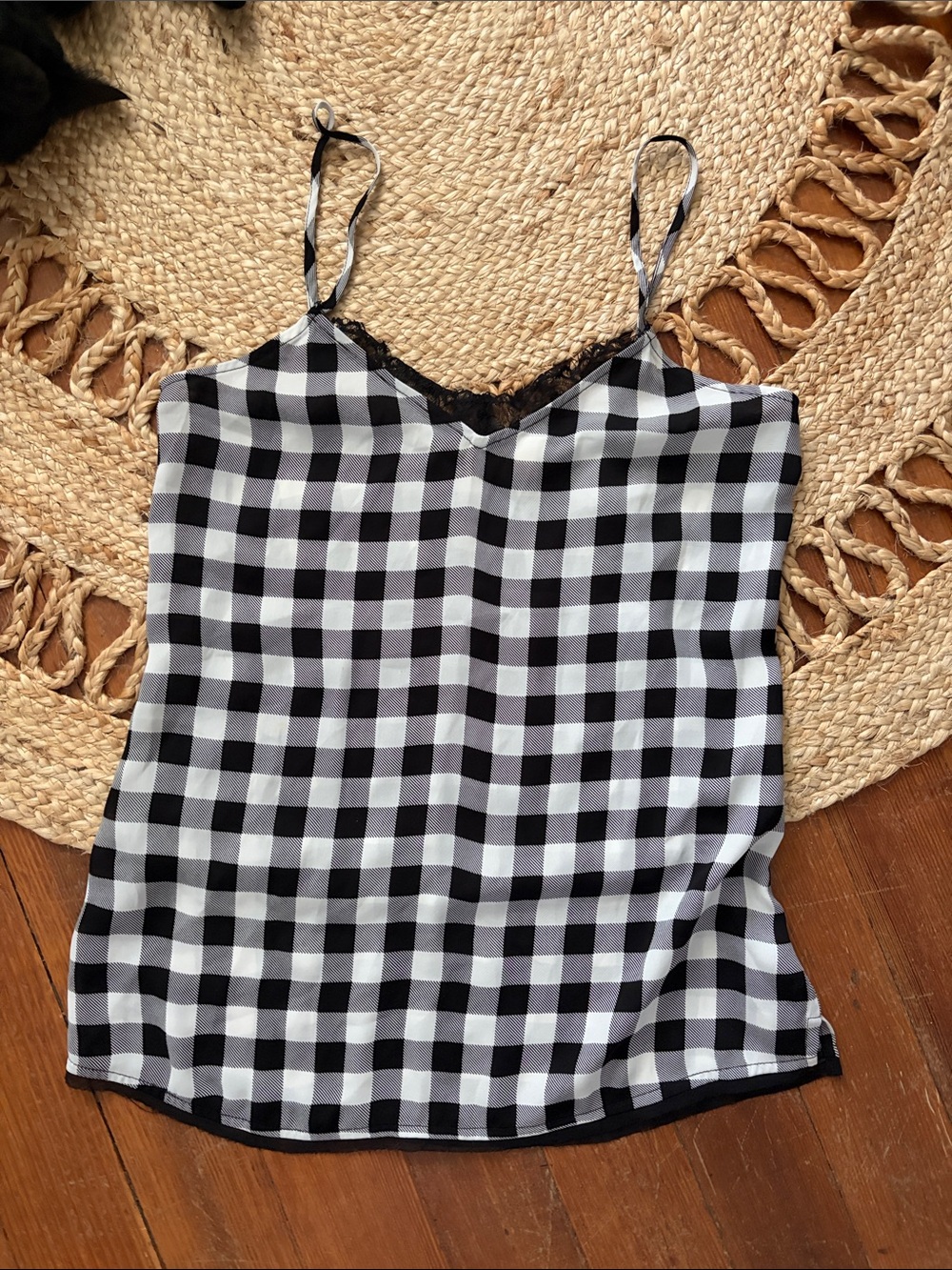 princess vera wang Black and White Gingham Lace-Trim Camisole